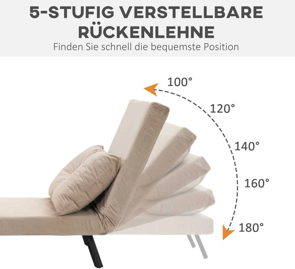 HOMCOM sofa lova, poilsio fotelis su miegamąja funkcija, svečių lova su aksomo išvaizda, nugaros pagalvėlė, paminkštinta sofa su reguliuojamu atlošu, smėlio spalvos, 63 x 73 x 81 cm