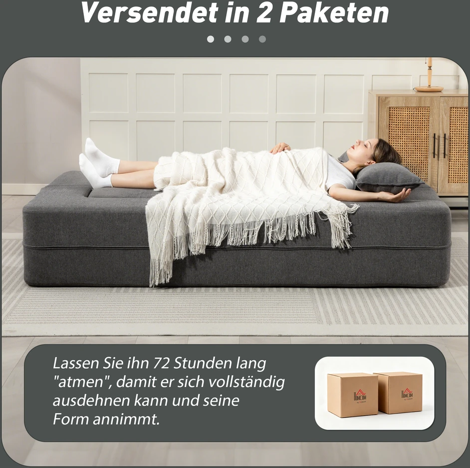 HOMCOM dvivietė porolono sofos lova, sofa-lova su plačiais porankiais, 2 pagalvės, 360 kg keliamoji galia, pilka