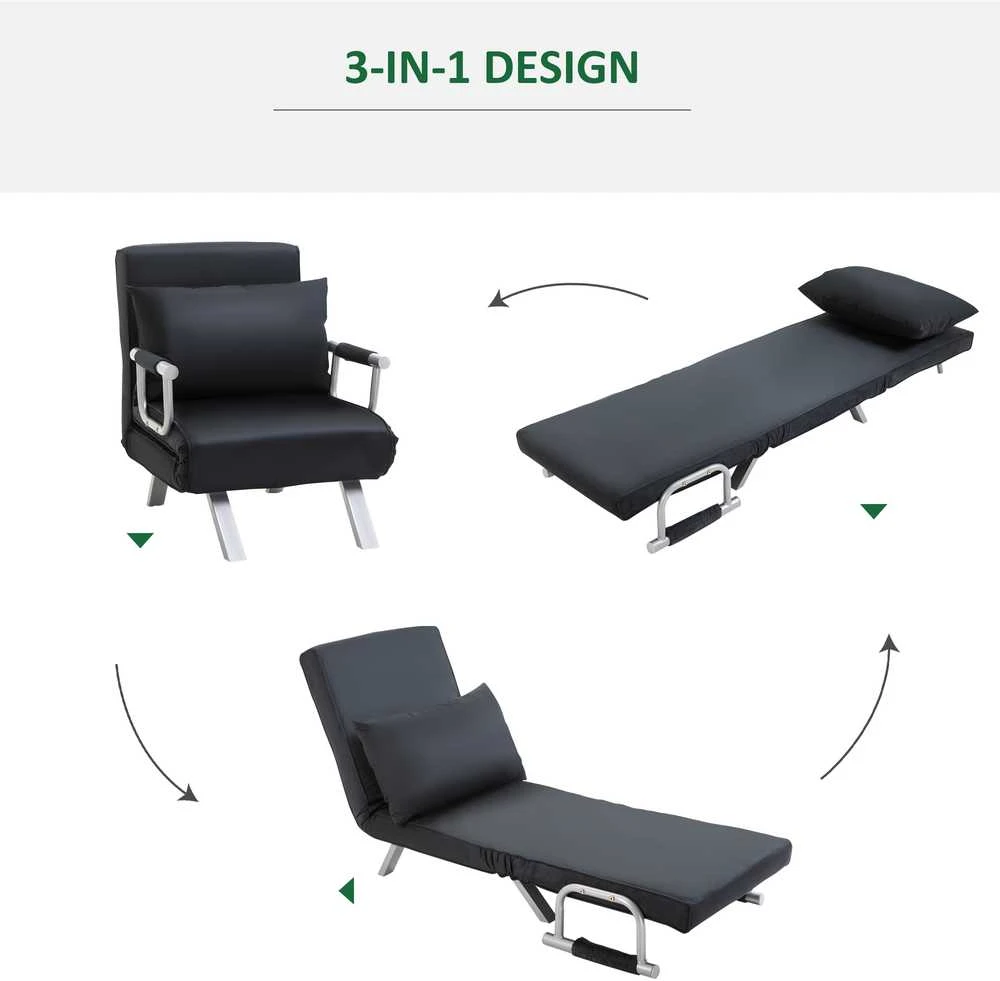 HOMCOM išskleidžiamas krėslas, 2-viename sofa-lova, reguliuojamas poilsio krėslas su atlošu ir pagalve, svečių lova iki 100 kg, juodas