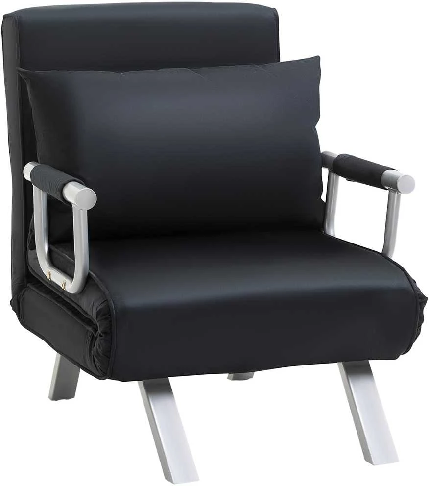 HOMCOM išskleidžiamas krėslas, 2-viename sofa-lova, reguliuojamas poilsio krėslas su atlošu ir pagalve, svečių lova iki 100 kg, juodas