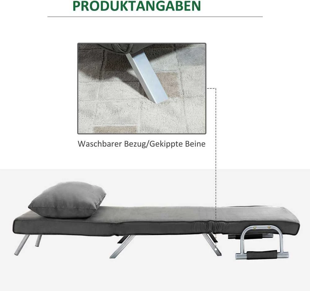 HOMCOM išskleidžiamas krėslas, 2-viename sofa-lova, reguliuojamas poilsio krėslas su atlošu ir pagalve, svečių lova iki 100 kg, juodas
