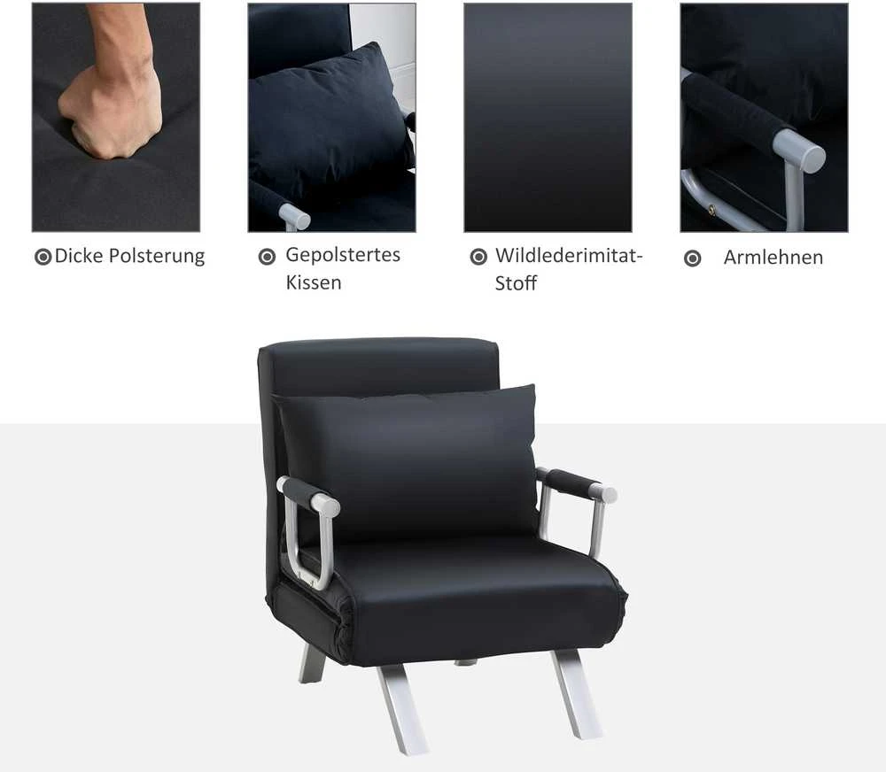 HOMCOM išskleidžiamas krėslas, 2-viename sofa-lova, reguliuojamas poilsio krėslas su atlošu ir pagalve, svečių lova iki 100 kg, juodas