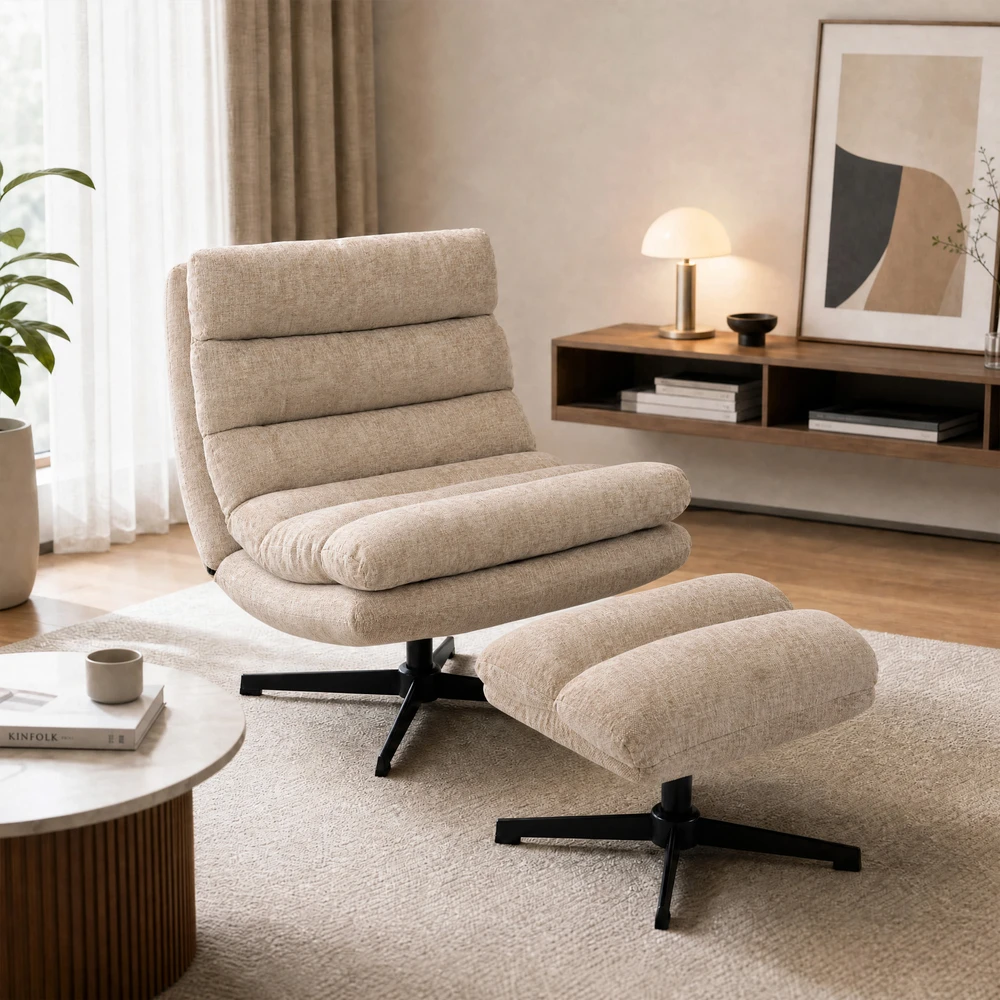 Fotelis su 360° sukimosi mechanizmu ir reguliuojamo aukščio kojų atrama, rudas, 79 x 94 x 88 cm