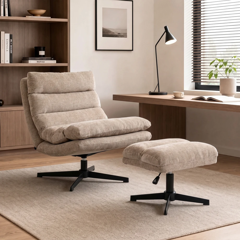 Fotelis su 360° sukimosi mechanizmu ir reguliuojamo aukščio kojų atrama, rudas, 79 x 94 x 88 cm
