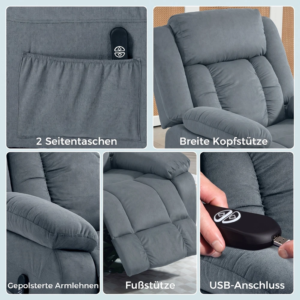 Fotelis su atsistojimo funkcija, elektrinis, atlošiamas iki 150°, pilkas, 92 × 94 × 105 cm