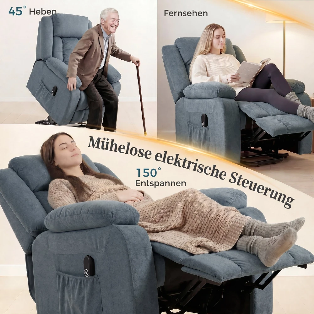Fotelis su atsistojimo funkcija, elektrinis, atlošiamas iki 150°, pilkas, 92 × 94 × 105 cm