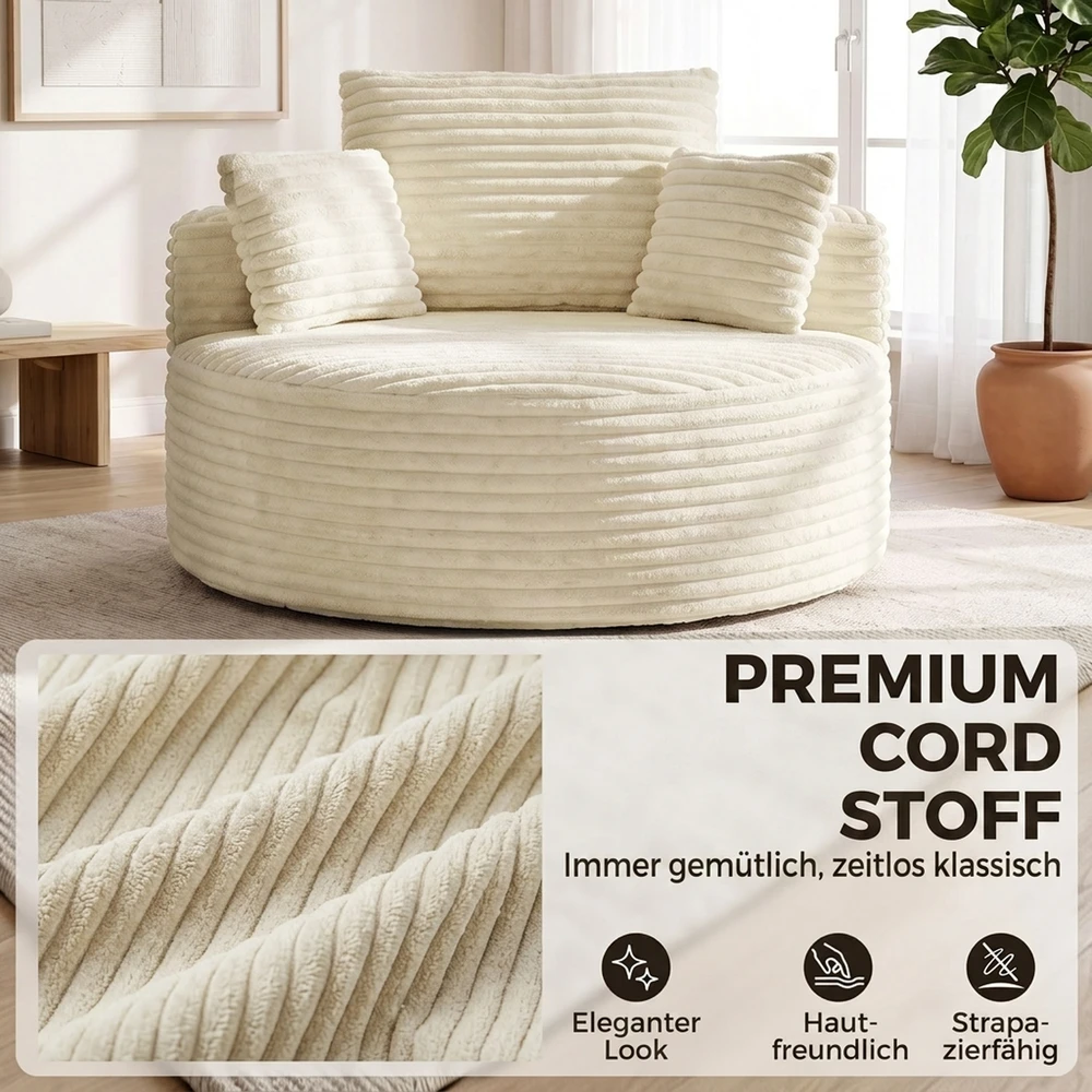 Fotelis su gilia sėdyne ir berėmiu putų dizainu, kreminės baltos spalvos, 130 × 130 × 82 cm