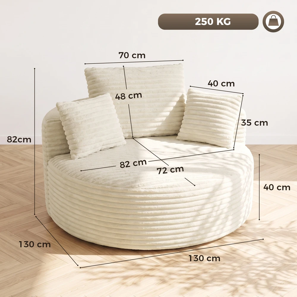 Fotelis su gilia sėdyne ir berėmiu putų dizainu, kreminės baltos spalvos, 130 × 130 × 82 cm