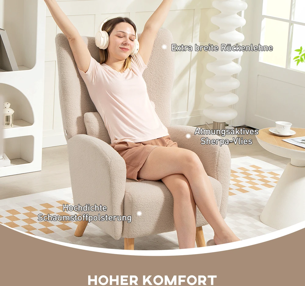 HOMCOM Akcento kėdė, minkštas fotelis su pliušiniu užvalkalu, putplasčio paminkštinimas, ausytės formos fotelis, smėlio spalvos