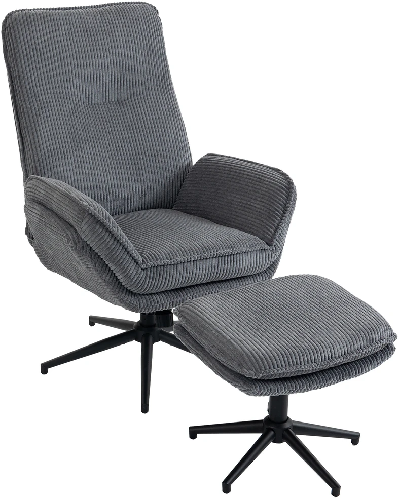 Fotelis su kojų atrama, atlošiamas iki 130°, besisukantis 360°, pilkas, 72 × 83 × 107 cm