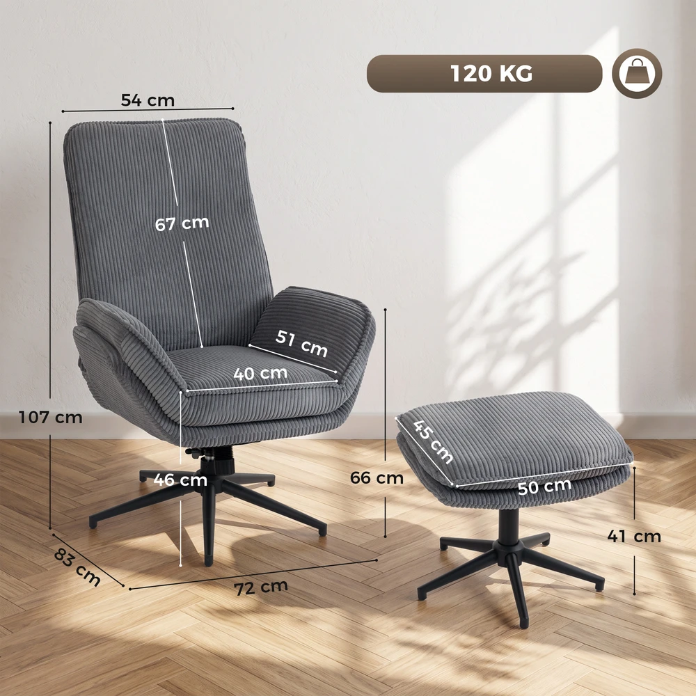Fotelis su kojų atrama, atlošiamas iki 130°, besisukantis 360°, pilkas, 72 × 83 × 107 cm