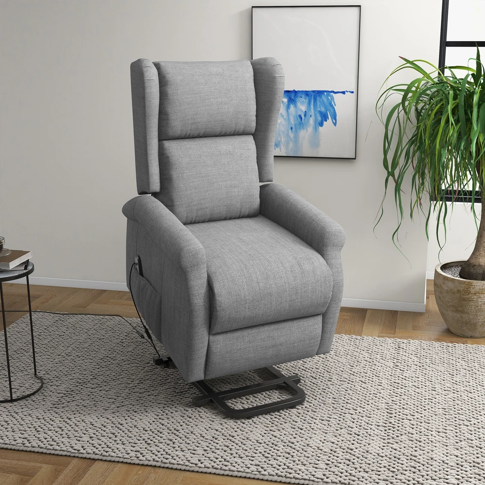 HOMCOM fotelis su elektrine kėlimo funkcija, gulėjimo padėtis, linas, pilkas, 72,5 x 94 x 109 cm