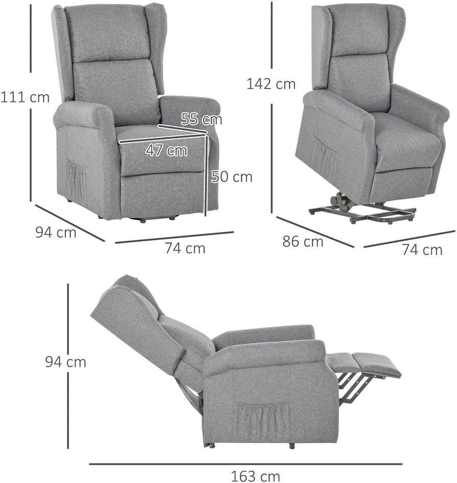 HOMCOM fotelis su elektrine kėlimo funkcija, gulėjimo padėtis, linas, pilkas, 72,5 x 94 x 109 cm