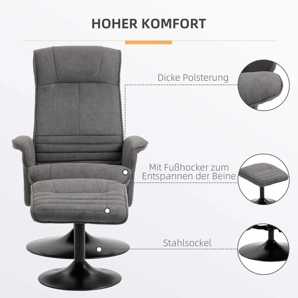Fotelis HOMCOM poilsio krėslas su kojų atrama, 360° besisukantis televizoriaus krėslas, reguliuojamas atlošas, tamsiai pilkas aksominis, 69 x 71 x 104 cm