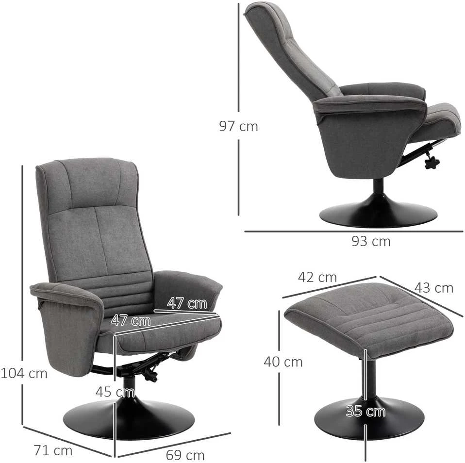 Fotelis HOMCOM poilsio krėslas su kojų atrama, 360° besisukantis televizoriaus krėslas, reguliuojamas atlošas, tamsiai pilkas aksominis, 69 x 71 x 104 cm