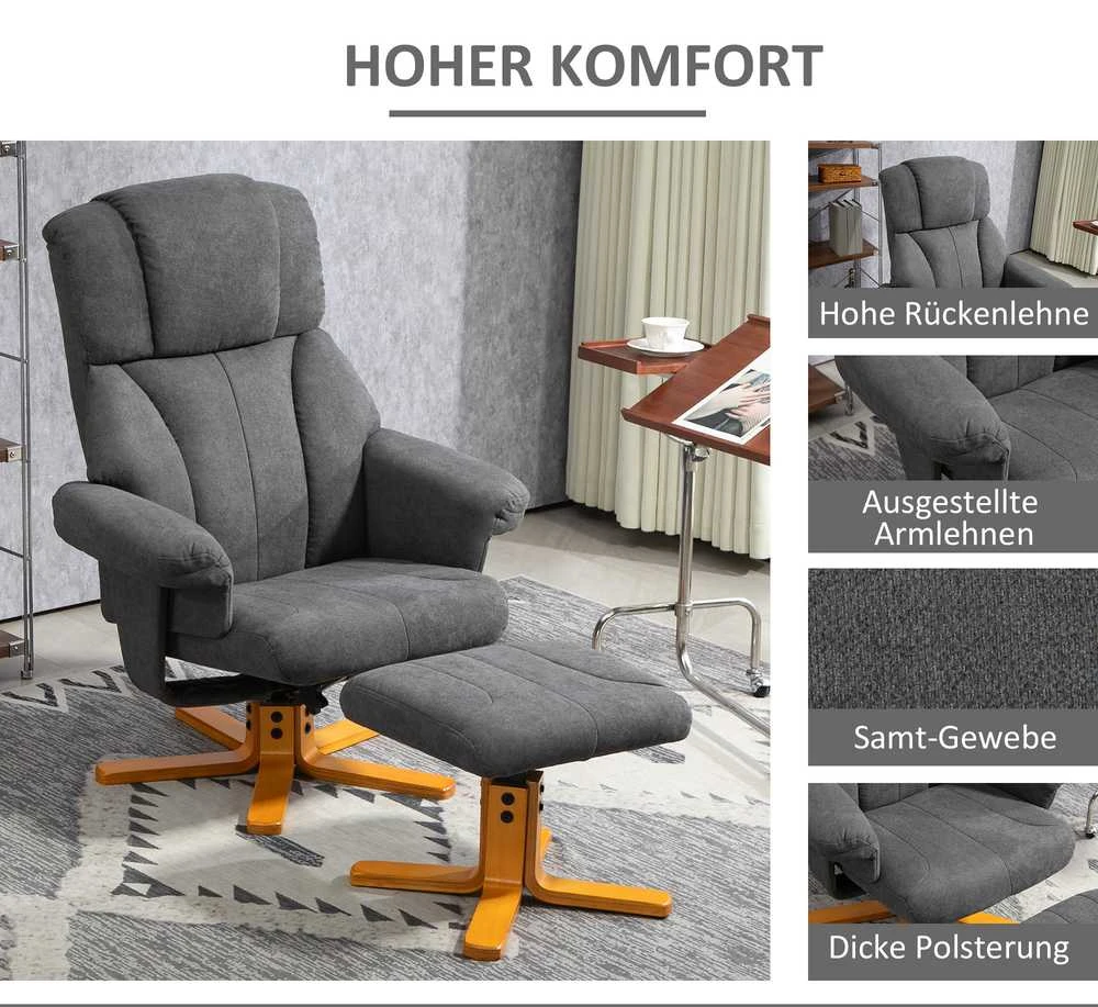 HOMCOM poilsio kėdė su atlošimo funkcija, fotelis su pakoja, televizoriaus kėdė iki 150 kg apkrovai, svetainei, miegamajam, 79 x 80 x 104 cm, tamsiai pilka