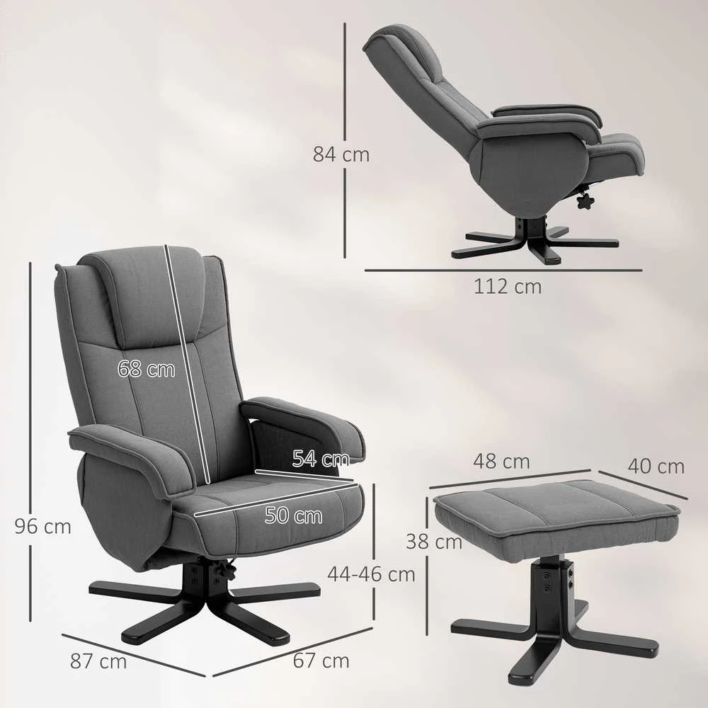 HOMCOM poilsio fotelis su taburete, 360° besisukantis televizoriaus fotelis su reguliuojamu atlošu, gulėjimo funkcija, siūbavimo funkcija, aksominės išvaizdos TV fotelis, galvos atrama svetainei, tamsiai pilka