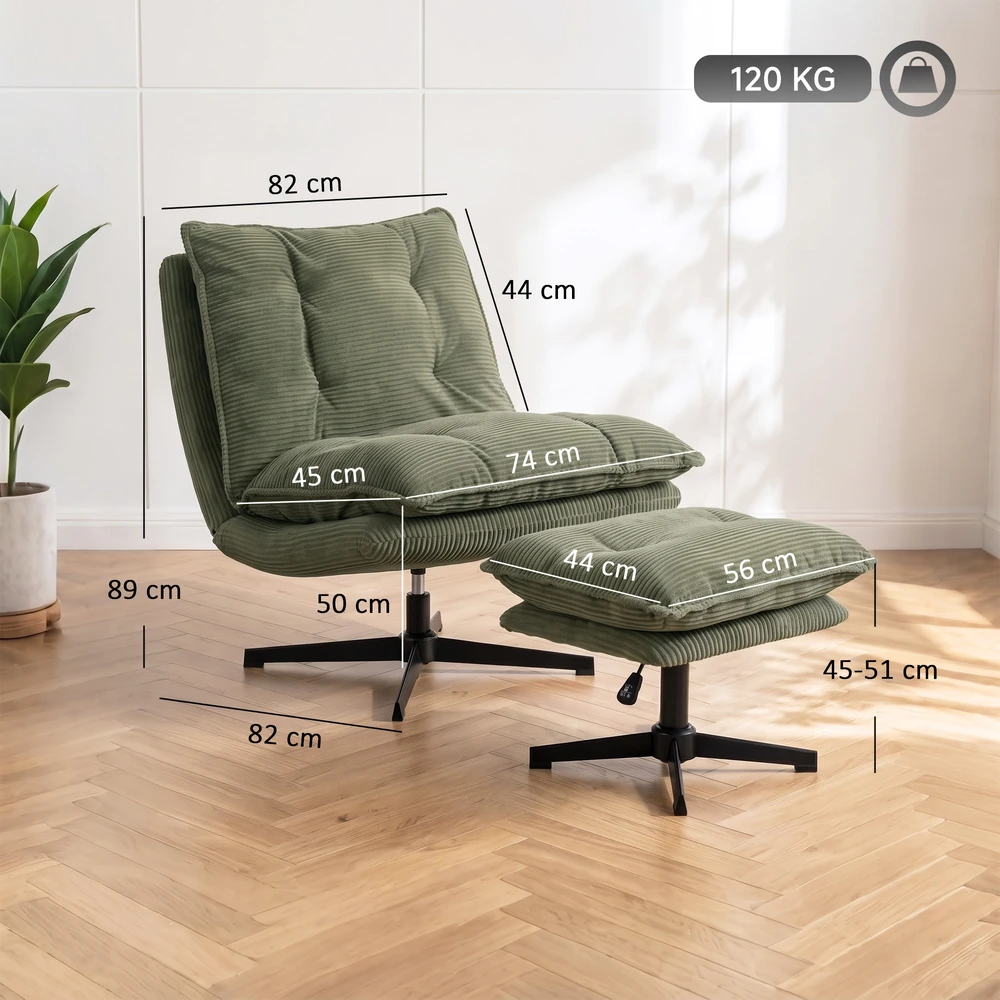 Fotelis su pufu, 360° pasukamas, žalias, 74 × 82 × 89 cm