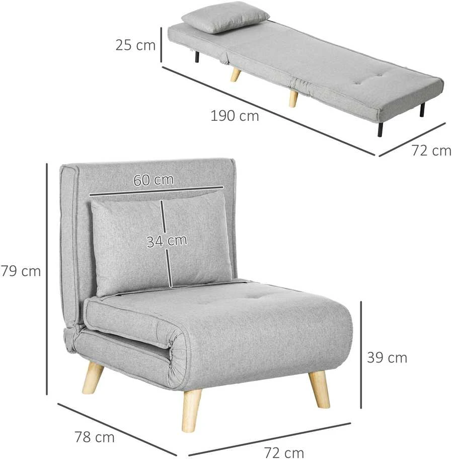 HOMCOM sulankstomas fotelis, lova su miegojimo funkcija, juosmens pagalvė, atlošiamas poilsio fotelis su lino išvaizdos audiniu, reguliuojamas atlošas, išlaiko iki 150 kg, svetainei, šviesiai pilkas