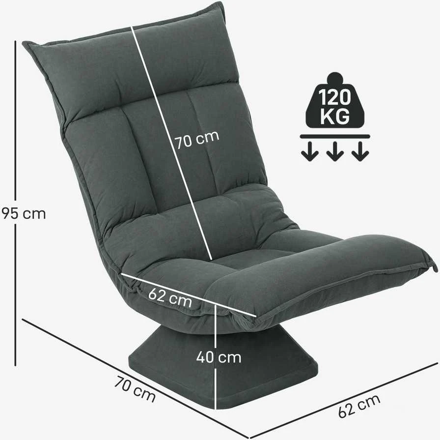HOMCOM grindų kėdė, 360° besisukanti, su 5 padėčių reguliuojamu atlošu, sulankstoma grindų sofa, paminkštinta meditacijos kėdė, „Lazy Sofa“ svetainei, žaidimams ir skaitymui, tamsiai pilka