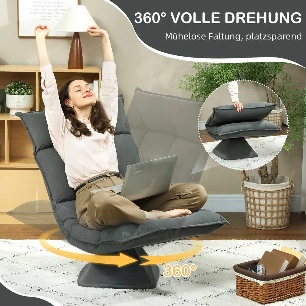 HOMCOM grindų kėdė, 360° besisukanti, su 5 padėčių reguliuojamu atlošu, sulankstoma grindų sofa, paminkštinta meditacijos kėdė, „Lazy Sofa“ svetainei, žaidimams ir skaitymui, tamsiai pilka