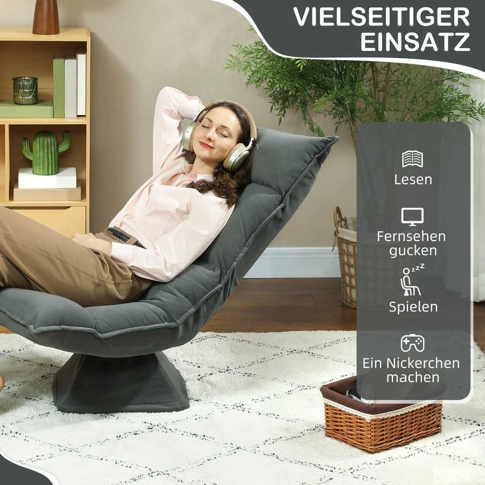 HOMCOM grindų kėdė, 360° besisukanti, su 5 padėčių reguliuojamu atlošu, sulankstoma grindų sofa, paminkštinta meditacijos kėdė, „Lazy Sofa“ svetainei, žaidimams ir skaitymui, tamsiai pilka