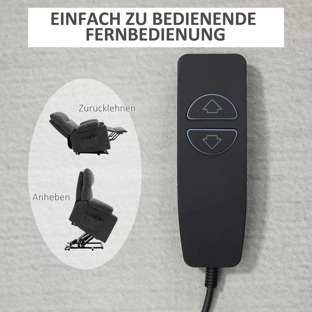 HOMCOM fotelis su atsistojimo funkcija, elektrinis relaksacinis fotelis su masažo funkcija, TV fotelis su šildymo funkcija, flanelės išvaizdos, tamsiai pilkas