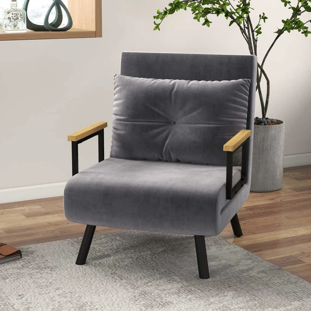 HOMCOM išskleidžiamas fotelis, viengubas sofa-lova su miegamąja funkcija, reguliuojamas poilsio fotelis, aksominė išvaizda, tamsiai pilka