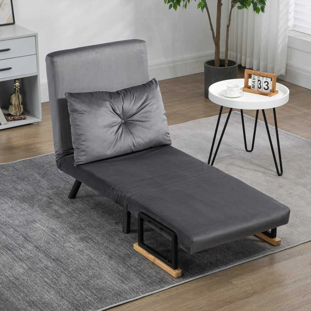 HOMCOM išskleidžiamas fotelis, viengubas sofa-lova su miegamąja funkcija, reguliuojamas poilsio fotelis, aksominė išvaizda, tamsiai pilka