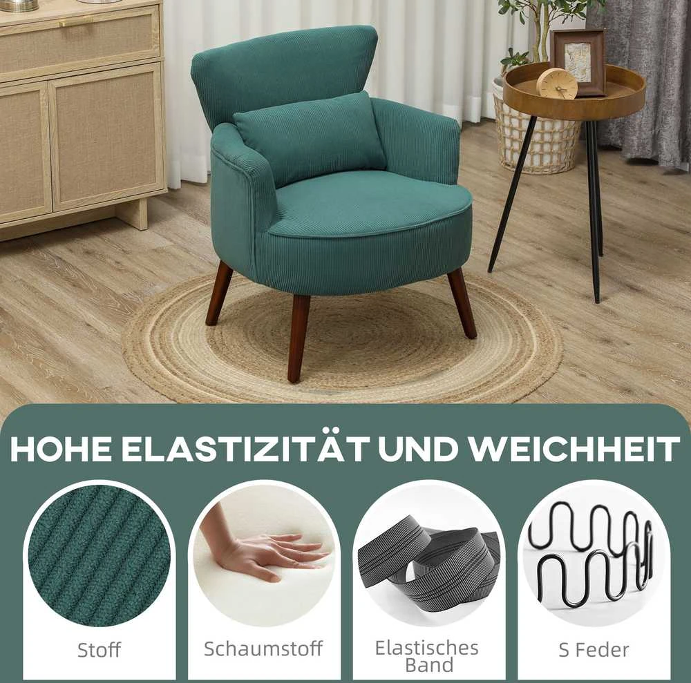 Fotelis HOMCOM krėslas su atlošu ir užapvalintais porankiais, paminkštintas, velveto išvaizda, medinės kojos, miegamajam, svetainei, iki 120 kg, tamsiai žalias