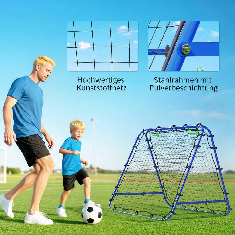 HOMCOM futbolo treniruočių atšokimo sienelė, tinklas su dvipusiu atšokimu, 5 reguliuojami lygiai, plienas, mėlyna, 100 x 95 x 90 cm