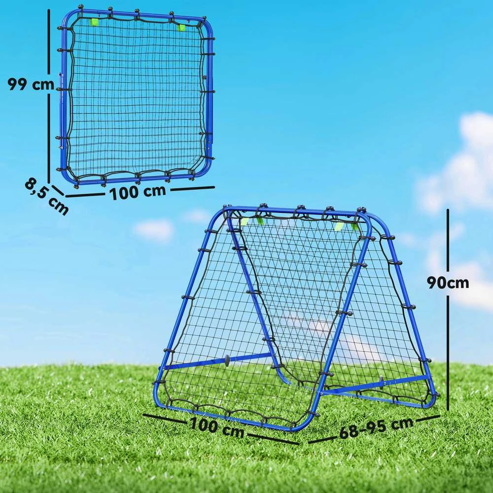 HOMCOM futbolo treniruočių atšokimo sienelė, tinklas su dvipusiu atšokimu, 5 reguliuojami lygiai, plienas, mėlyna, 100 x 95 x 90 cm