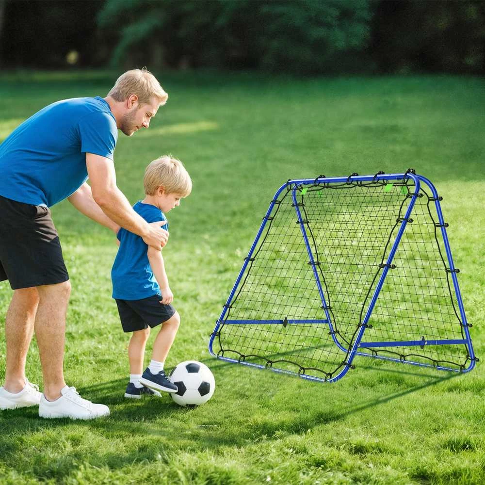 HOMCOM futbolo treniruočių atšokimo sienelė, tinklas su dvipusiu atšokimu, 5 reguliuojami lygiai, plienas, mėlyna, 100 x 95 x 90 cm