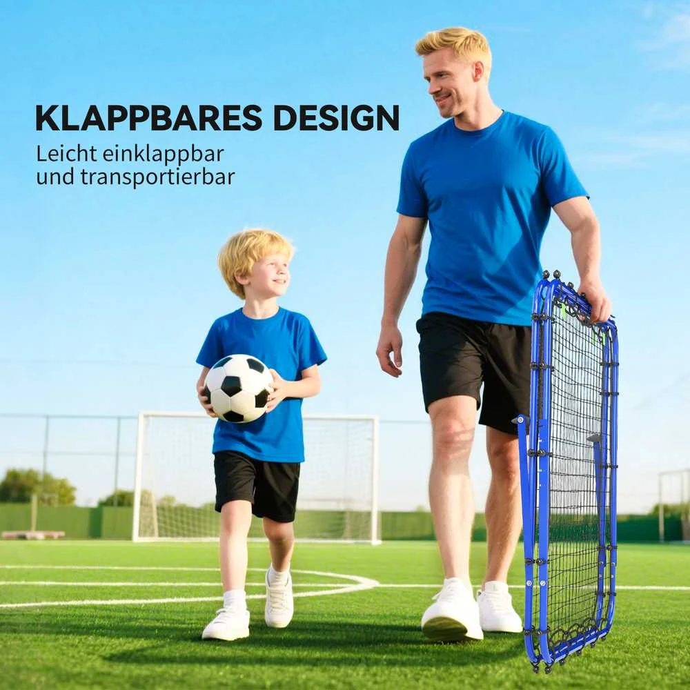 HOMCOM futbolo treniruočių atšokimo sienelė, tinklas su dvipusiu atšokimu, 5 reguliuojami lygiai, plienas, mėlyna, 100 x 95 x 90 cm