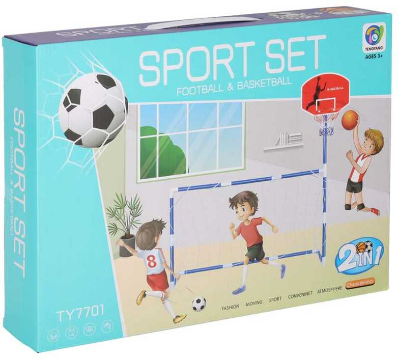 Futbolo ir krepšinio vartai su krepšinio lenta ir kamuoliais