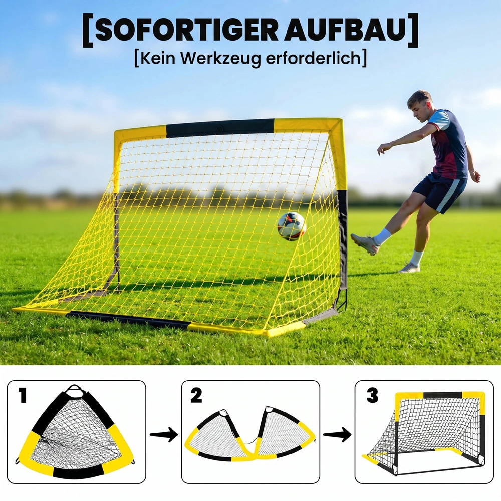Futbolo vartai „Pop-up“, sulankstomi, juodi ir geltoni, 150 × 110 × 110 cm