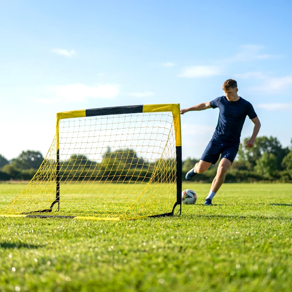 Futbolo vartai „Pop-up“, sulankstomi, juodi ir geltoni, 150 × 110 × 110 cm