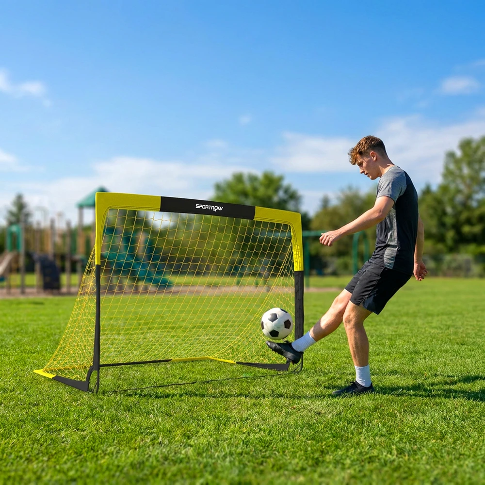 Futbolo vartai „Pop-up“, sulankstomi, juodi ir geltoni, 150 × 110 × 110 cm