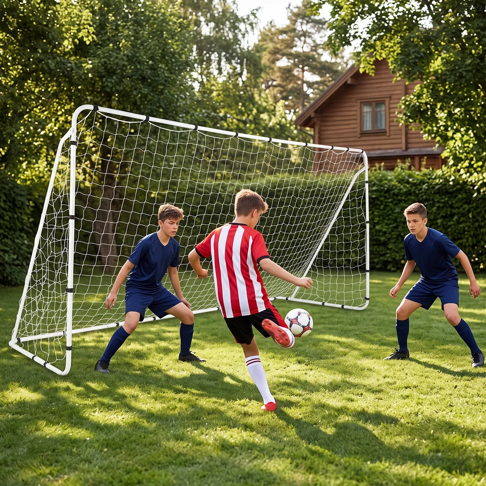 Futbolo vartai su metaliniu rėmu ir PE tinklu, balti, 367 × 124 × 181 cm