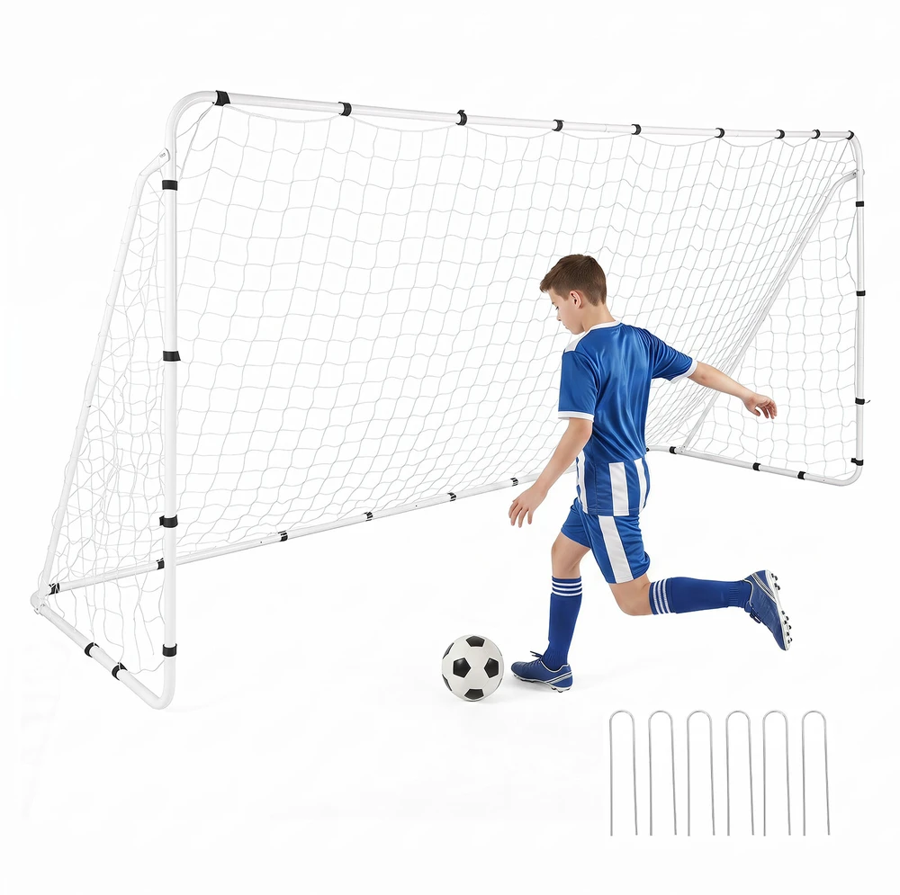 Futbolo vartai su metaliniu rėmu ir PE tinklu, balti, 367 × 124 × 181 cm