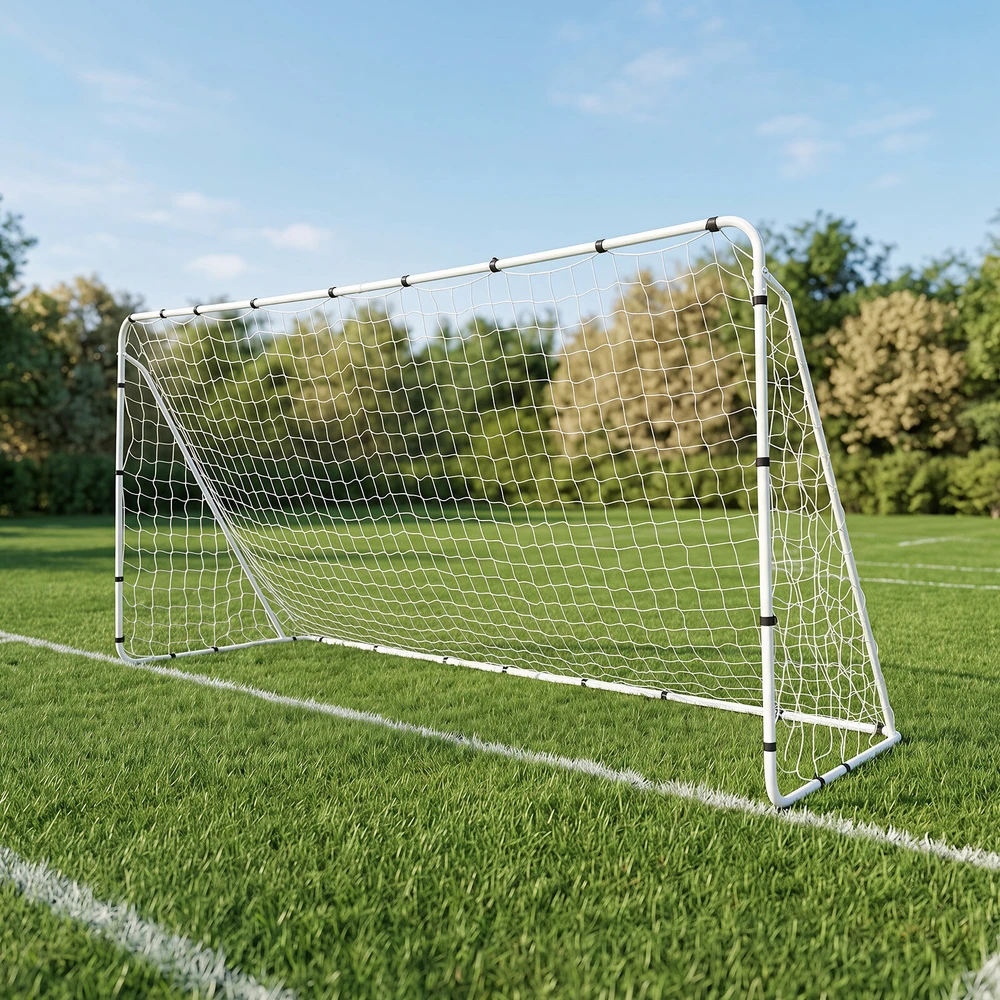 Futbolo vartai su metaliniu rėmu ir PE tinklu, balti, 367 × 124 × 181 cm
