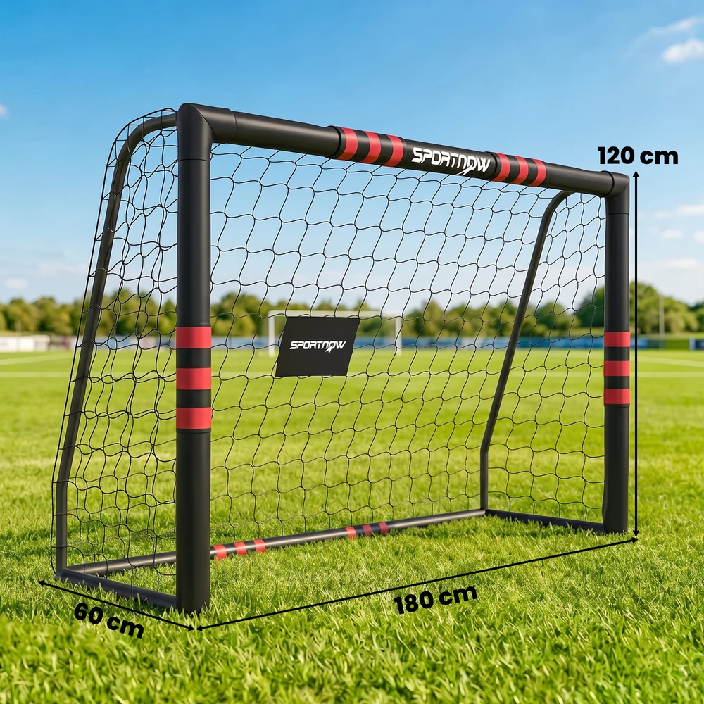 Futbolo vartai su paminkštintu rėmu ir 5 tvirtinimo kaiščiais, juodi ir raudoni, 180 x 60 x 120 cm