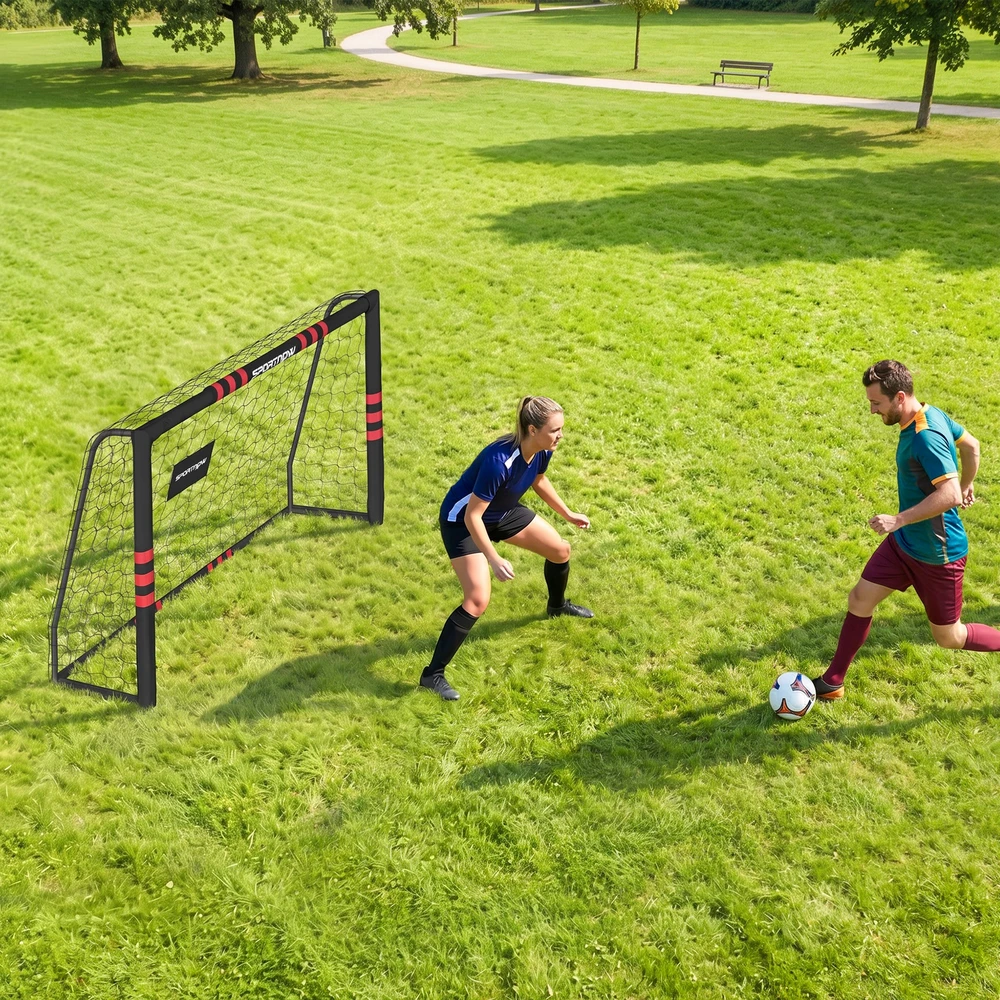 Futbolo vartai su paminkštintu rėmu ir 5 tvirtinimo kaiščiais, juodi ir raudoni, 180 x 60 x 120 cm