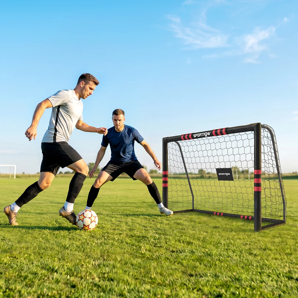 Futbolo vartai su paminkštintu rėmu ir 5 tvirtinimo kaiščiais, juodi ir raudoni, 180 x 60 x 120 cm