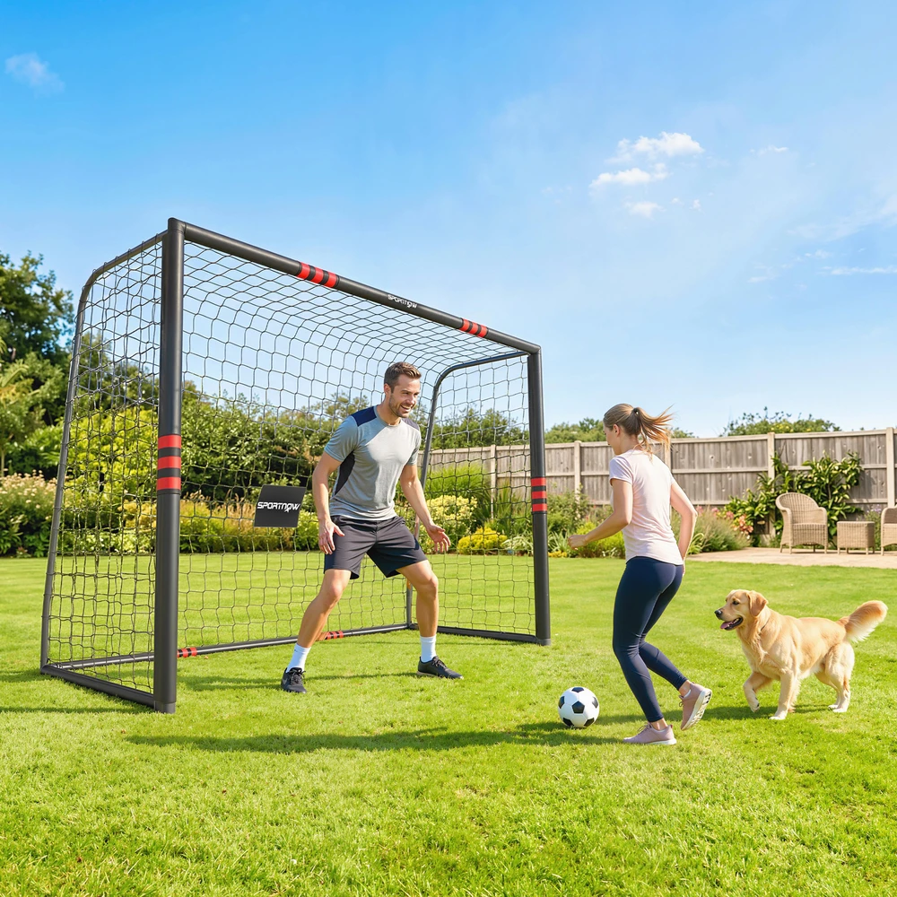 Futbolo vartai su paminkštintu rėmu ir tinklu, juodi ir raudoni, 300 x 120 x 200 cm
