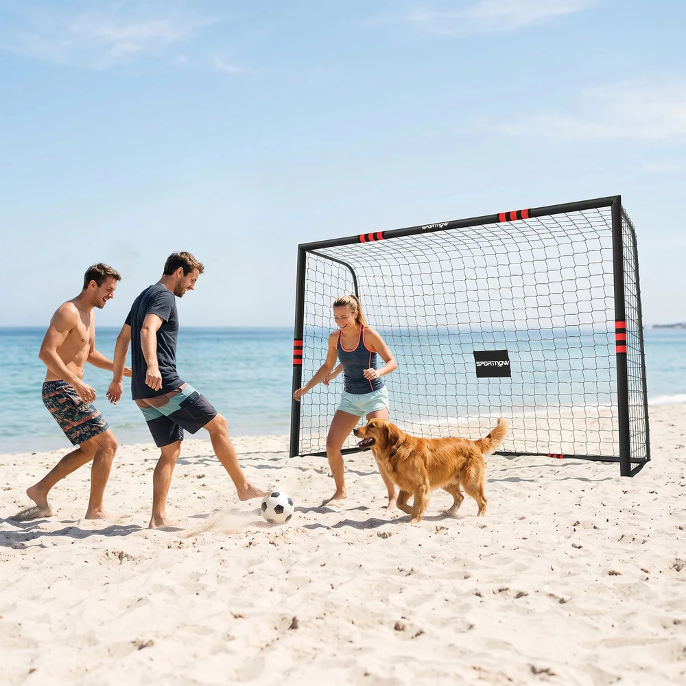 Futbolo vartai su paminkštintu rėmu ir tinklu, juodi ir raudoni, 300 x 120 x 200 cm