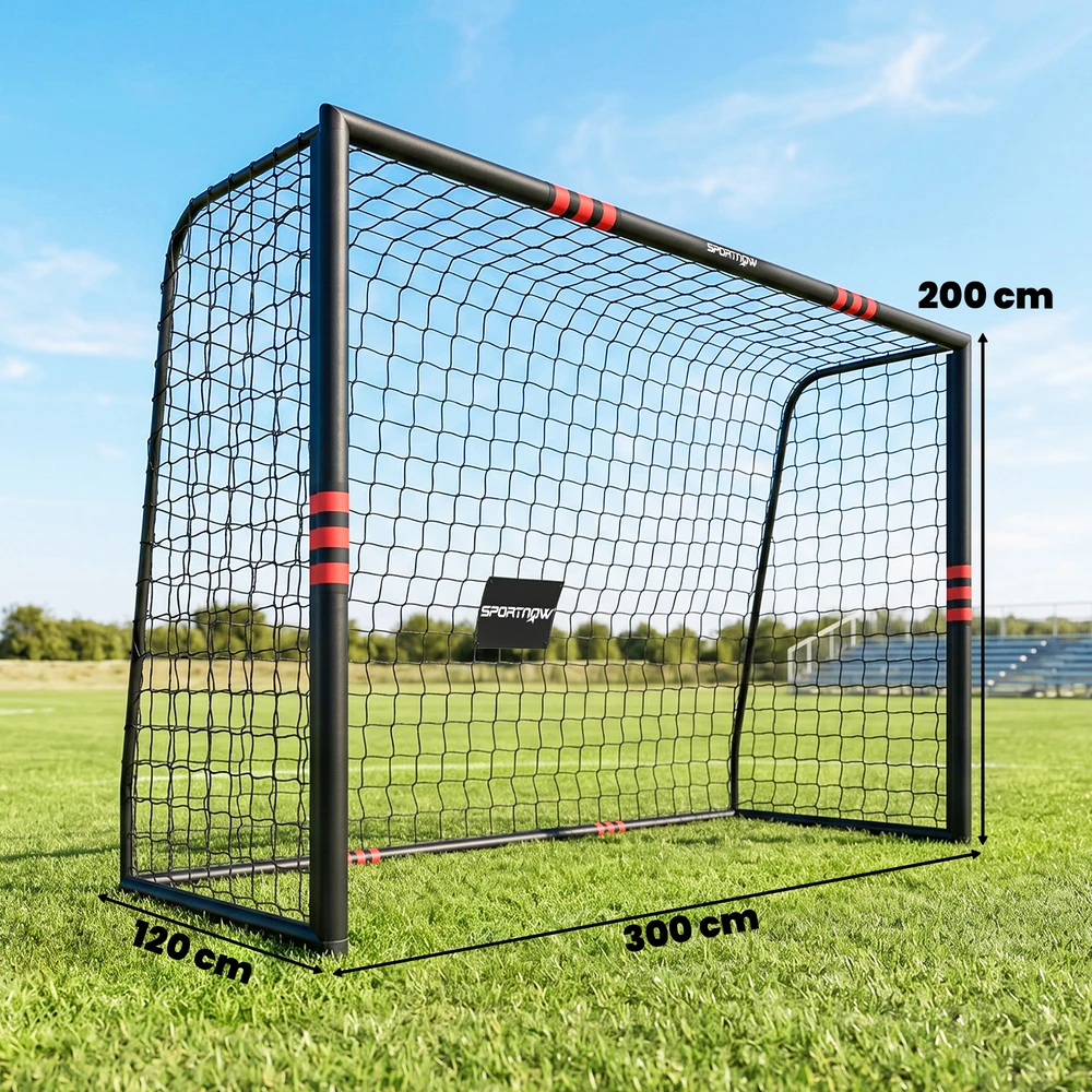 Futbolo vartai su paminkštintu rėmu ir tinklu, juodi ir raudoni, 300 x 120 x 200 cm