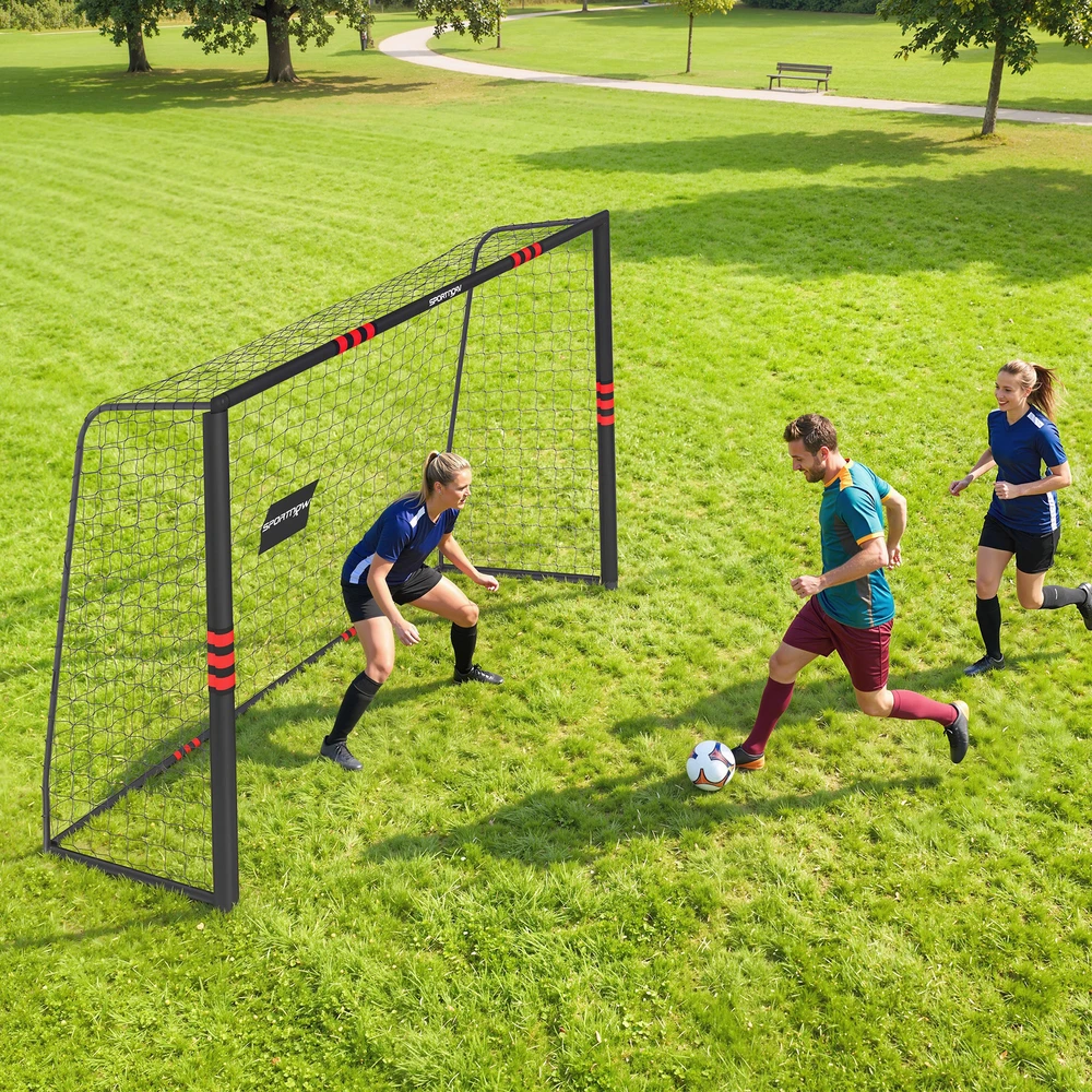 Futbolo vartai su paminkštintu rėmu ir tinklu, juodi ir raudoni, 300 x 120 x 200 cm