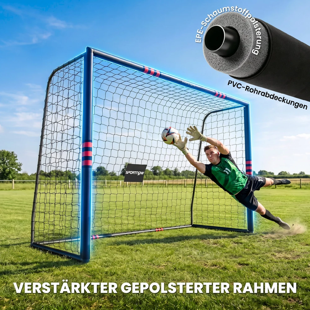 Futbolo vartai su paminkštintu rėmu ir tinklu, juodi ir raudoni, 300 x 120 x 200 cm