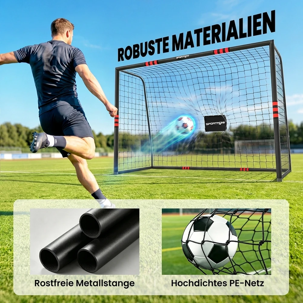 Futbolo vartai su paminkštintu rėmu ir tinklu, juodi ir raudoni, 300 x 120 x 200 cm